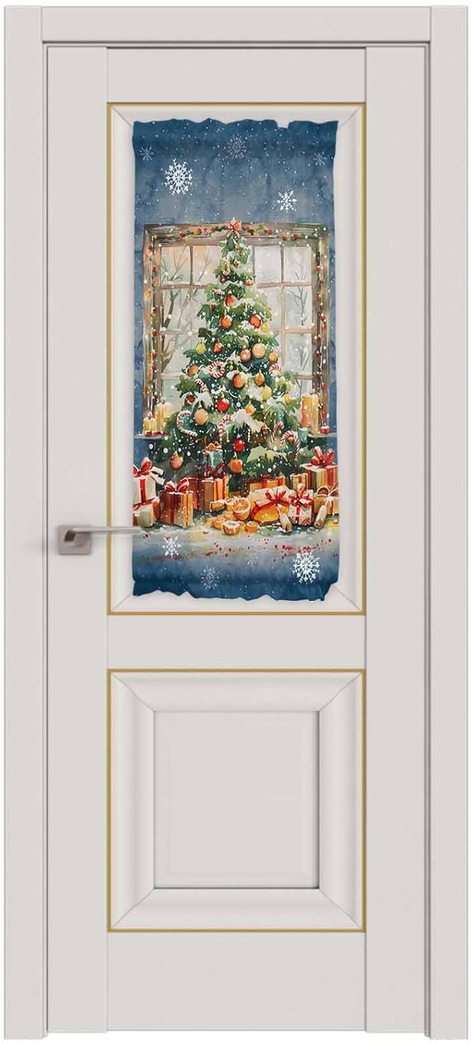 Christmas French Door Curtain Panel for Front Door, Gorgeous Xmas Tree Dark Steel Blue Slidelight Door Curtains with Tieback Light Filtering Privacy Panels for Doorway Entryway 25"x 40"