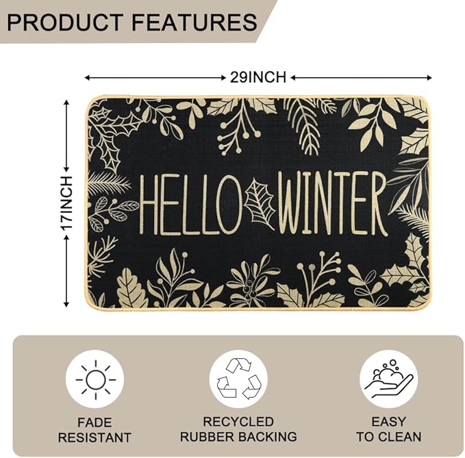 Hello Winter Door Mat Welcome Doormat, Winter Christmas Black Outdoor Rug Leaves Decor Floor Front Door Mat Non-Slip Entrance Mat for Home Kitchen Bathroom Decorations 17 X 29 Inch