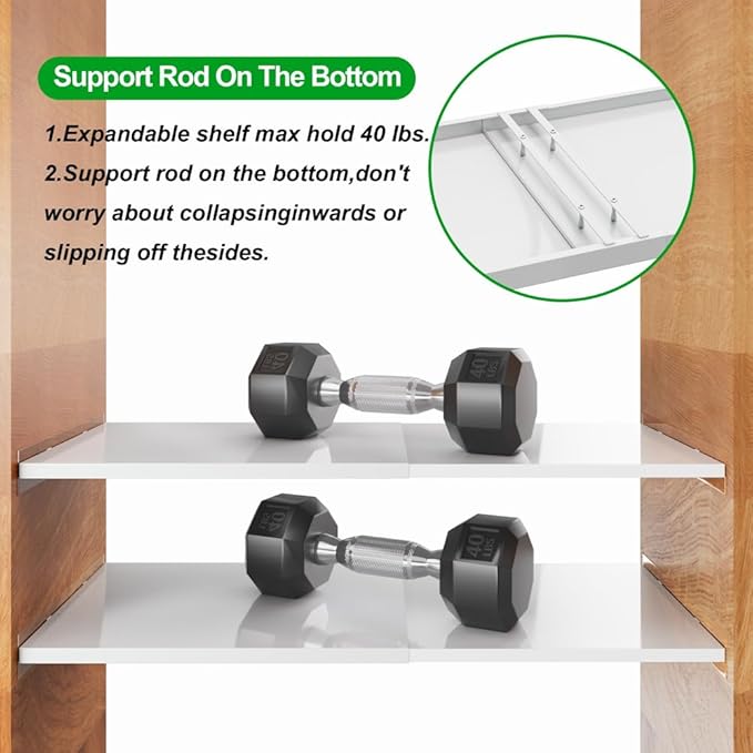 16.9-31.5 inch Expandable Closet Shelves, Adjustable Shelf Closet Organizer with Strong Adhesive Pads, Cabinet Storage Rack Wardrobe Divider Shelving for Closets Pantry Cupboard Kitchen