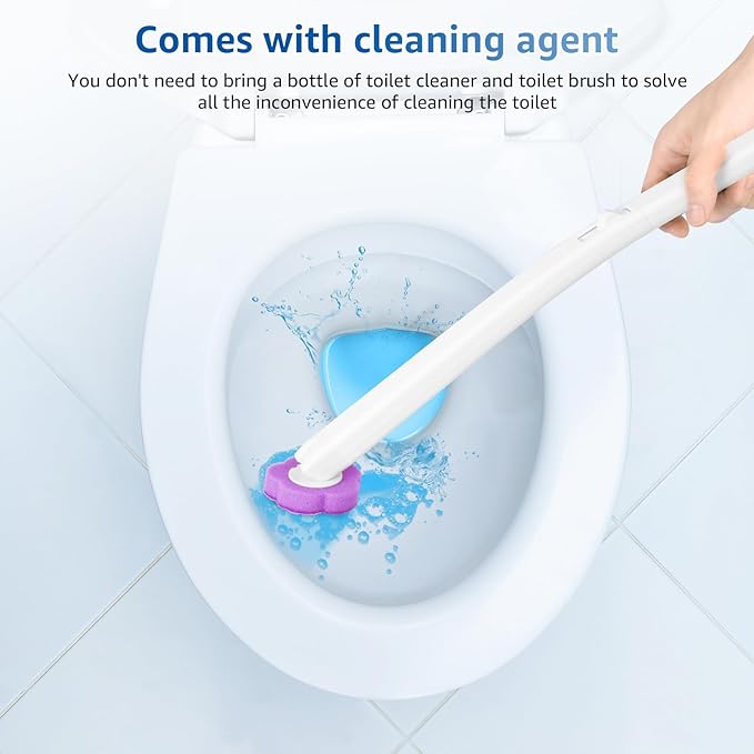 Toilet Bowl Cleaner Kit, Toilet Brush Cleaning System, Easy to Install Refills Pads Replacement Heads, Efficient Brush Disc Kit with Elongated Handle for Bathroom Cleaning(Purple)