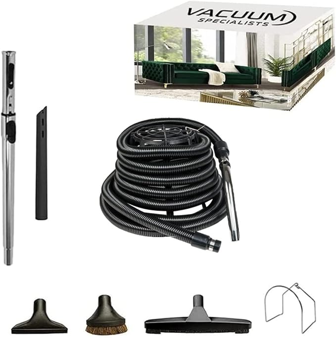Vacuum Specialists BASIC Garage Central Vacuum Accessory Kit | 30 Feet Air Hose & Deluxe Cleaning Kit [Fit All Central Vacuum Brands]