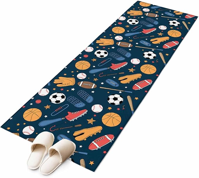 Cartoon Sports Runner Rug 2'x6', Baseball Soccer Basketball Rugby Sneakers Hallway Runner Rugs Washable Non-Slip Bedside Floor Mats Carpet for Kitchen Bedroom Laundry Room Bathroom