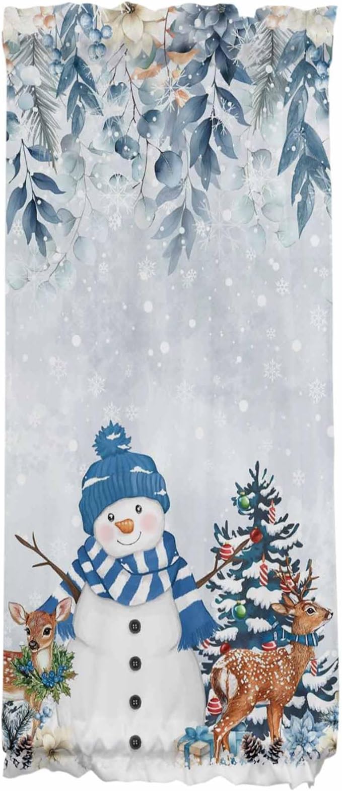 Christmas French Door Curtain for Front Door, Poinsettia Botanical Leaves Xmas Tree Deer Snowman Light Blue Slidelight Door Curtains with Tieback Light Filtering Privacy Panel for Entryway 25"x 40"