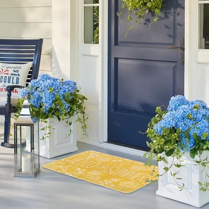 Hello Summer Door Mat Welcome Doormat, Plants Outdoor Rug Leaves Decor Floor Front Door Mat Non-Slip Entrance Mat for Home Kitchen Bathroom Decorations 17 X 29 Inch (Yellow)