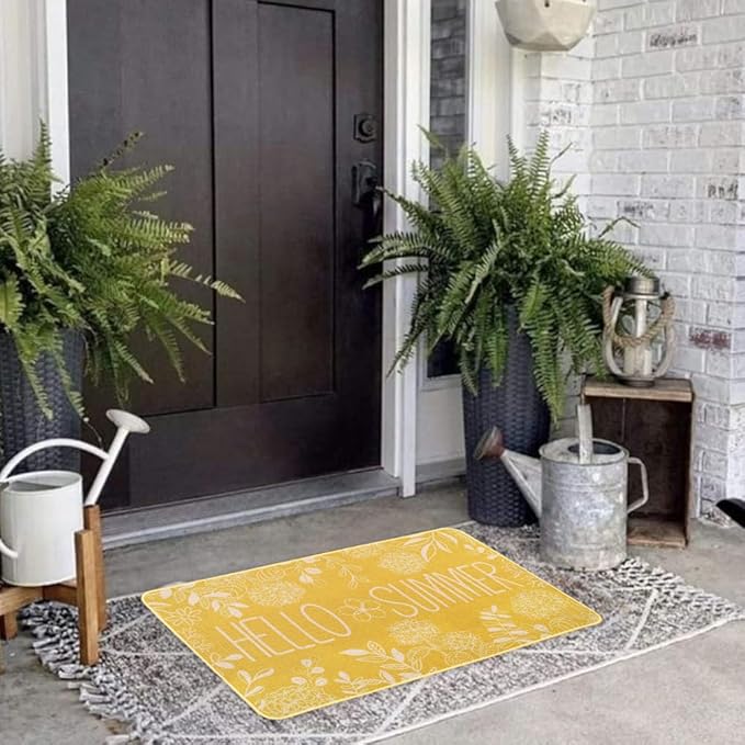 Hello Summer Door Mat Welcome Doormat, Plants Outdoor Rug Leaves Decor Floor Front Door Mat Non-Slip Entrance Mat for Home Kitchen Bathroom Decorations 17 X 29 Inch (Yellow)