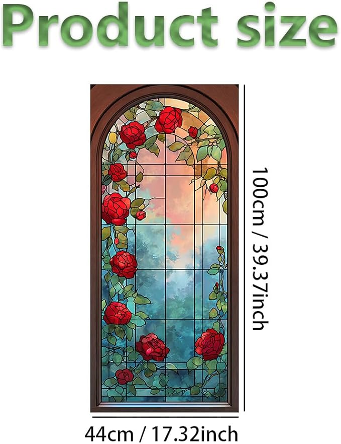 Window Privacy Film 17x39 Inch Stained Glass Rose Design Peel and Stick Static Cling Decorative Window Film for Home Office Living Room Bathroom Door Glass Covering