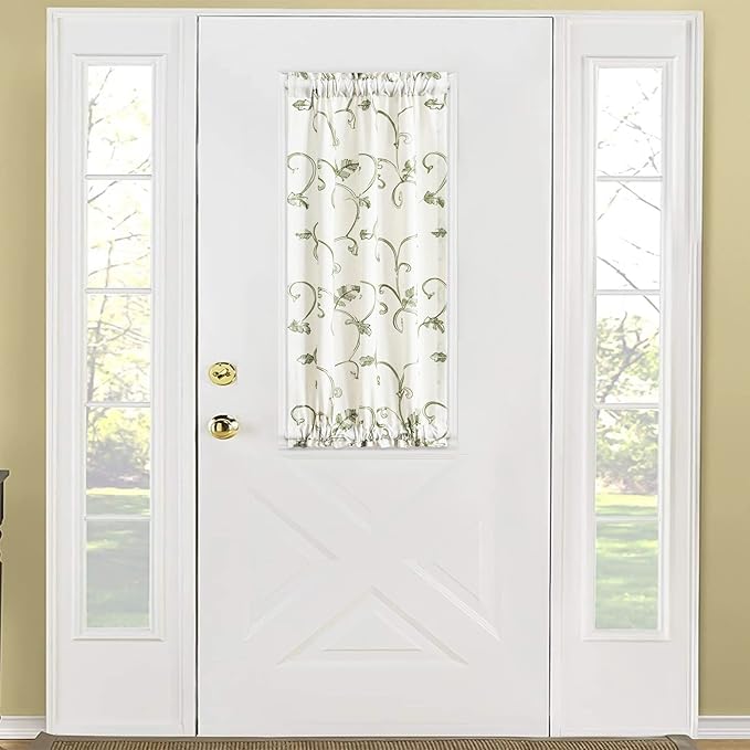 VOGOL Beige Curtains for Door Windows, Green Vines Embroidery Small Short Window Curtain for Bathroom Basement Closet French Door, 25 x 40 Inches, 1 Panel