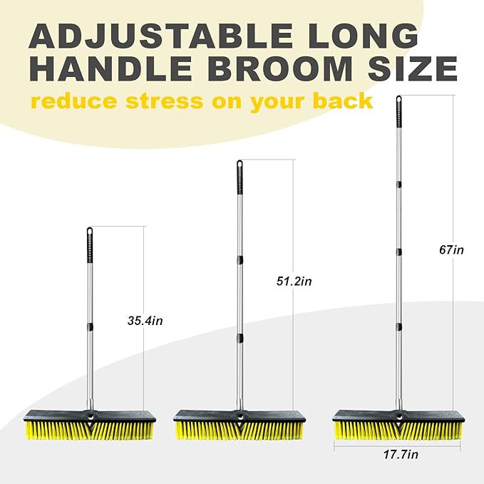 18 Inches Push Broom Outdoor - Heavy Duty Broom with 63" Long Handle for Deck Driveway Garage Yard Patio (Yellow)