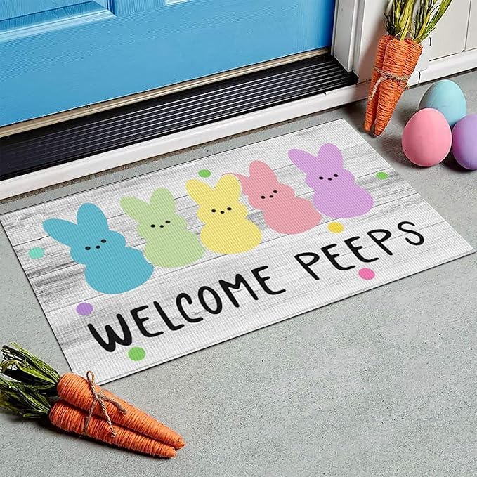 Easter Door Mat Rabbit Welcome Doormat Indoor Outdoor Entrance Non Slip Floor Mats for Vintage Rustic Yard Home Party Decor 20x32 inch
