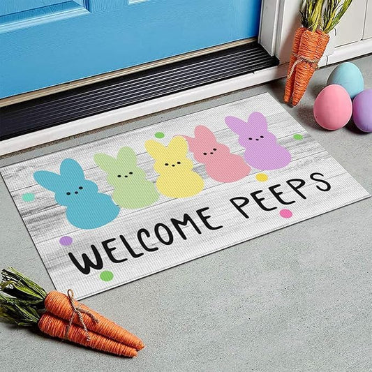Easter Door Mat Rabbit Welcome Doormat Indoor Outdoor Entrance Non Slip Floor Mats for Vintage Rustic Yard Home Party Decor 18x30 inch