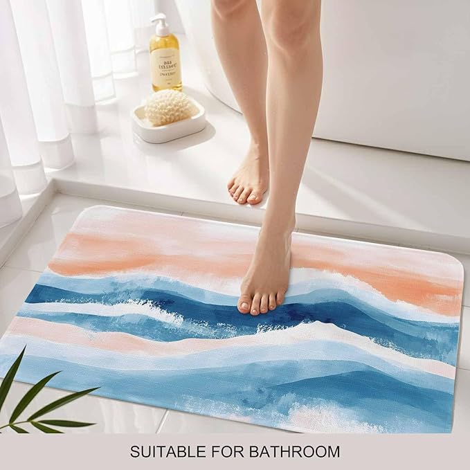 Abstract Waves Doormat Gradient Orange Blue Spray Non Slip Low Profile Rubber Door Mat Washable Absorbent Indoor Front Door Mat Entryway Rug Entrance Carpet 24x36 Inch