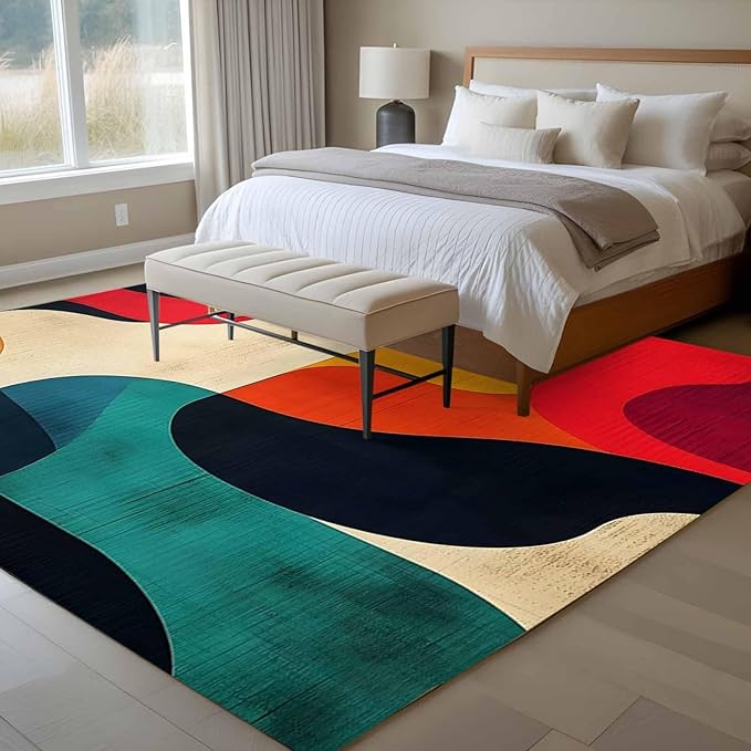 Abstract Art 5'x7' Area Rugs, Impressionist Red Blue Color Block Washable Area Rugs Non-Slip Indoor Floor Mats Carpet for Living Room Bedroom Dining Room