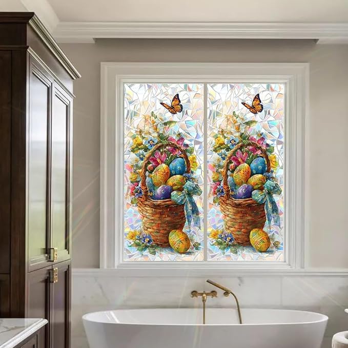 Window Film Mat 39.4 x 17.3 Inch PVC Decorative Easter Basket Window Film Floral Egg Pattern Glass Covering for Home Office Kitchen Bathroom Seasonal Privacy Light Filtering Design