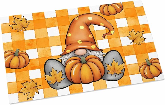 Welcome Door Mat 20x31.5in,Fall Dwarf Pumpkin Maple Leaves Indoor Entryway Doormats Non-Slip Bath Rug Absorbent Front Door Mat,Thanksgiving Orange Stripe Floor Carpet for Bedroom Bathroom