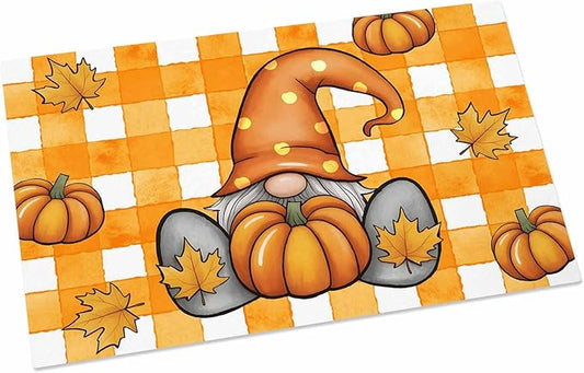 Welcome Door Mat 20x31.5in,Fall Dwarf Pumpkin Maple Leaves Indoor Entryway Doormats Non-Slip Bath Rug Absorbent Front Door Mat,Thanksgiving Orange Stripe Floor Carpet for Bedroom Bathroom