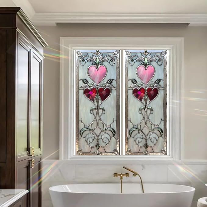 Window Film Heart Pattern Decorative Privacy Vinyl Window Film for Home Bathroom Bedroom Entryway Adds Soft Light Filtering and Romantic Style 17.3 x 39.4 Inch