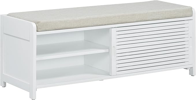 Knocbel Entryway Storage Bench with Sliding Doors and 1 Shelf, Living Room Entrance Hallway Foyer Shoe Bench Bedroom End of Bed Bench, 220lbs Weight Capacity (White 2-Door)
