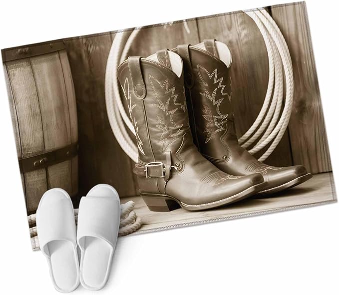 Western Cowboy Entryway Rug 2'x3', Vintage Countryside Cowboy Boots Ropes Small Area Rug Non-Slip Front Door Mat Washable Floor Carpet for Indoor Entrance Kitchen Bathroom