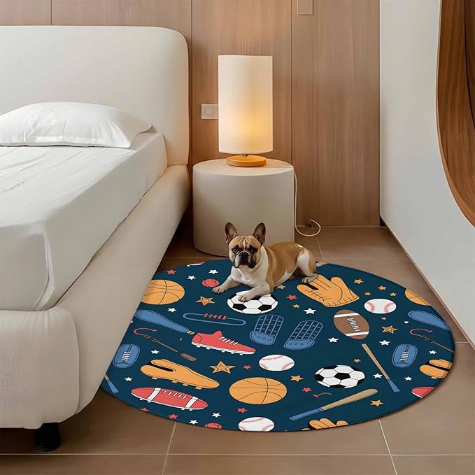 Cartoon Sports Round Rug 3.3 Ft, Baseball Soccer Basketball Rugby Sneakers Samll Area Rugs Washable Non Slip Indoor Floor Mats Circle Carpet for Living Room Bedroom Dining Room Home