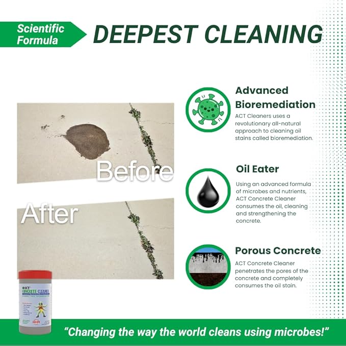 ACT Concrete Cleaner – Eco-Friendly Dry Powder Oil Stain Remover for Driveways, Sidewalks, Garages & Commercial Use | HOA Approved | Bioremediation Formula | Safe around Pets | 2.5lb