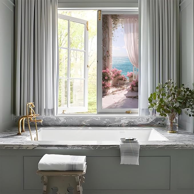 Window Privacy Film 17x39 Inch Coastal Balcony with Flowers and Ocean View Decorative Window Privacy Film Peel and Stick Static Cling for Glass Door and Home Windows