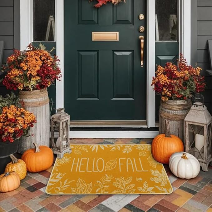 Hello Fall Door Welcome Mat,Autumn Thanksgiving Orange Outdoor Rug Leaves Decor Floor Non-Slip Entrance Mat for Home Kitchen Bathroom 17x29 Inch(Orange1)