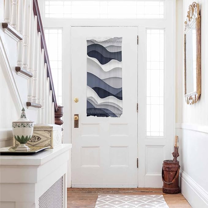 French Door Curtain Panel for Front Door, Cyan Ocean Waves Ombre Slidelight Door Curtains with Tieback Light Filtering Privacy Panels for Doorway Entryway 25"x 40"