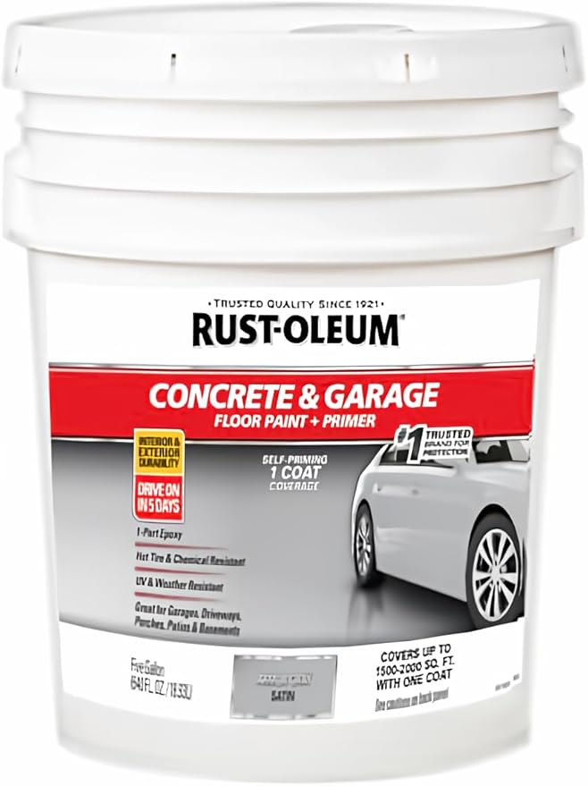 Rust-Oleum 320173 Concrete & Garage Floor Paint and Primer, 5 Gallon, Satin Armor Gray