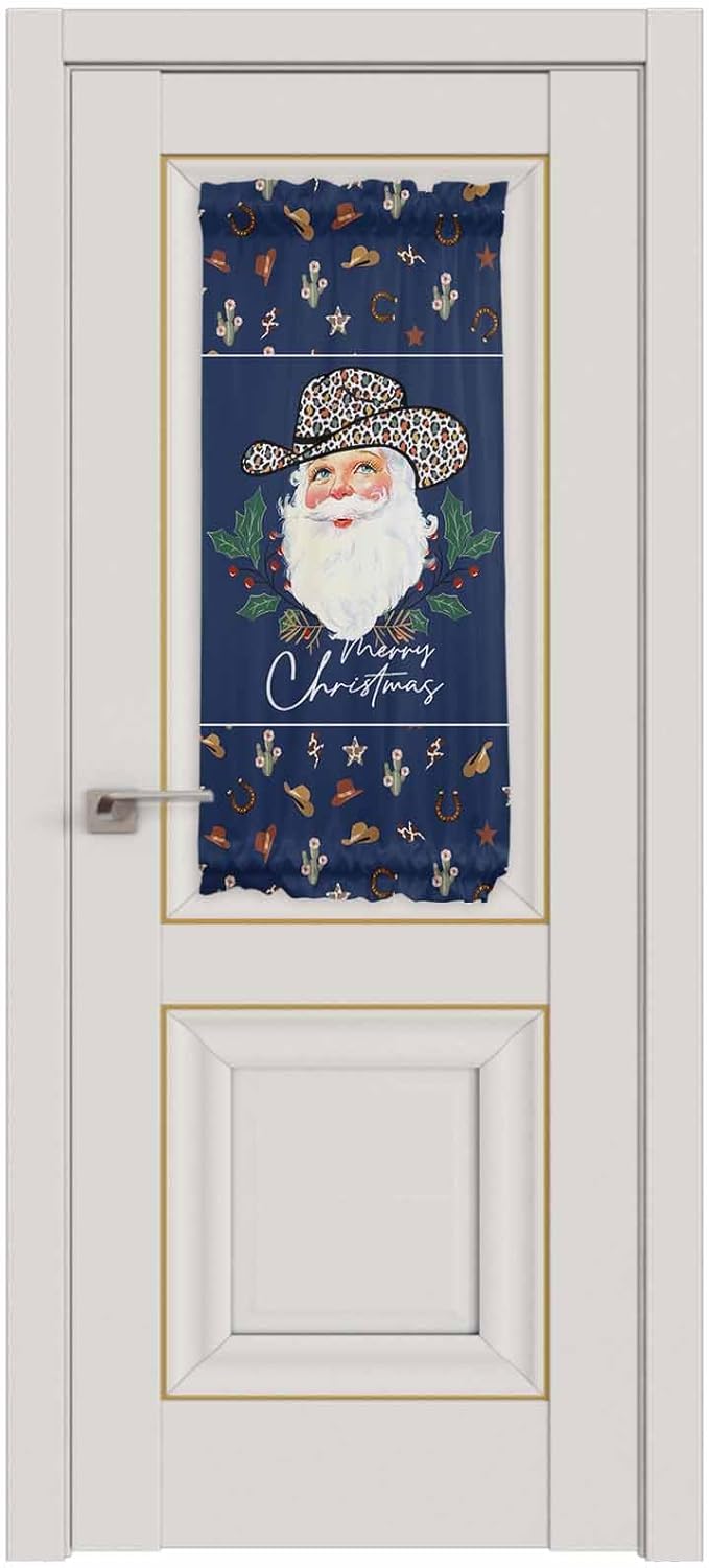 Christmas French Door Curtain Panel for Front Door, Navy Blue Leopard Cow Cowboy Hat Slidelight Door Curtains with Tieback Light Filtering Privacy Panels for Doorway Entryway 25"x 40"