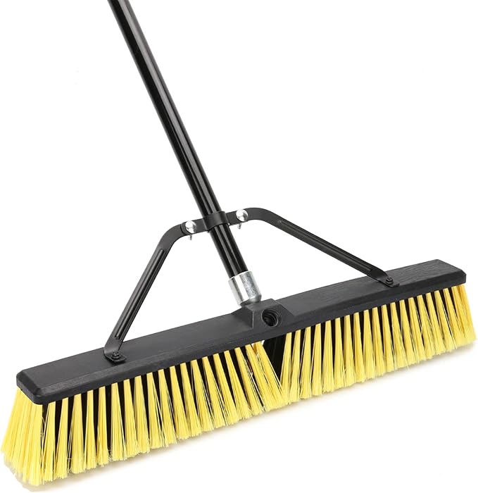 24 Inches Push Broom Outdoor Heavy Duty Broom with 63" Long Handle for Deck Driveway Garage Yard Patio Concrete Floor Cleaning Yellow