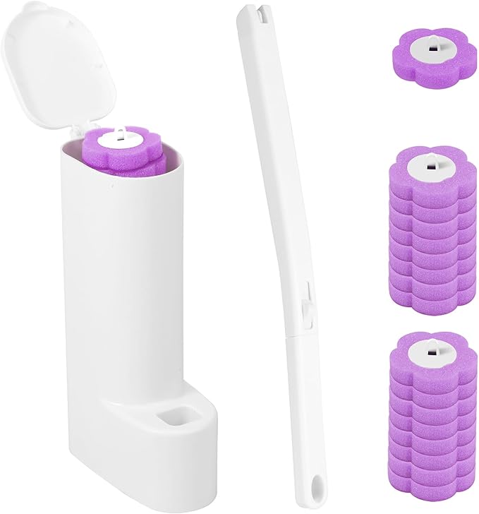 Toilet Bowl Cleaner Kit, Toilet Brush Cleaning System, Easy to Install Refills Pads Replacement Heads, Efficient Brush Disc Kit with Elongated Handle for Bathroom Cleaning(Purple)
