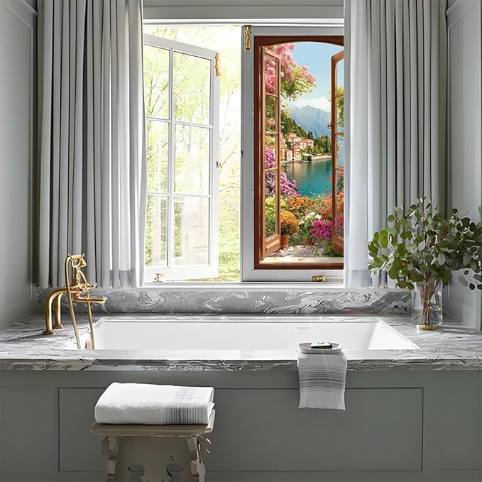 Window Privacy Film 17x39 Inch Scenic Lake View Design Peel and Stick Static Cling Decorative Window Film for Home Office Bedroom Bathroom Glass Door Covering