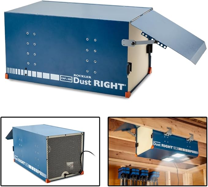 Rockler Dust Right Compact Ceiling Air Filtration Unit - Ceiling-Mounted Ambient Air Cleaner for Woodworking Shops - Low-Profile Filtration System with Triple Filters, & Wireless Remote Control