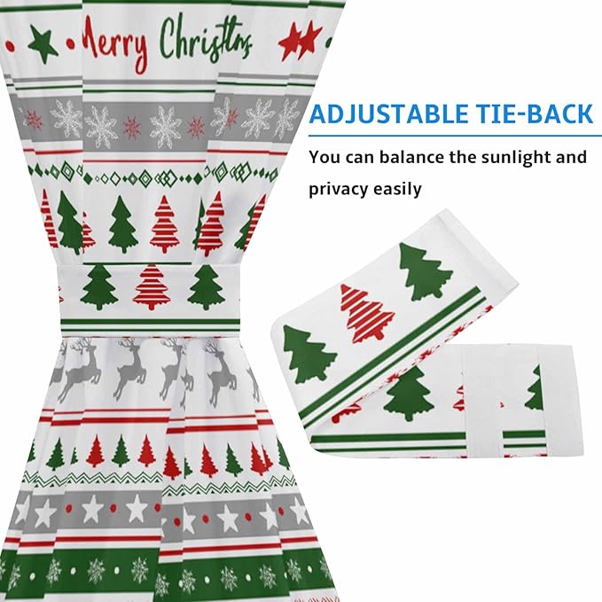 Christmas French Door Curtain Panel for Front Door, Red Green Gray Snow Deer Christmas Tree Strips Slidelight Door Curtains with Tieback Light Filtering Privacy Panels for Doorway Entryway 25"x 40"