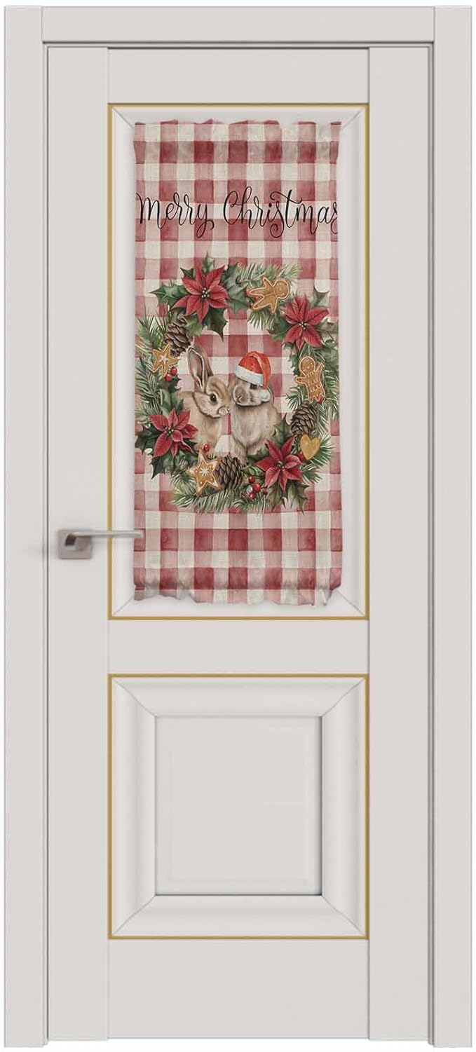 Christmas French Door Curtain Panel for Front Door, Rabbits Santa Hat Christmas Wreath Red Checkered Slidelight Door Curtains with Tieback Light Filtering Privacy Panels for Doorway Entryway 25"x 40"