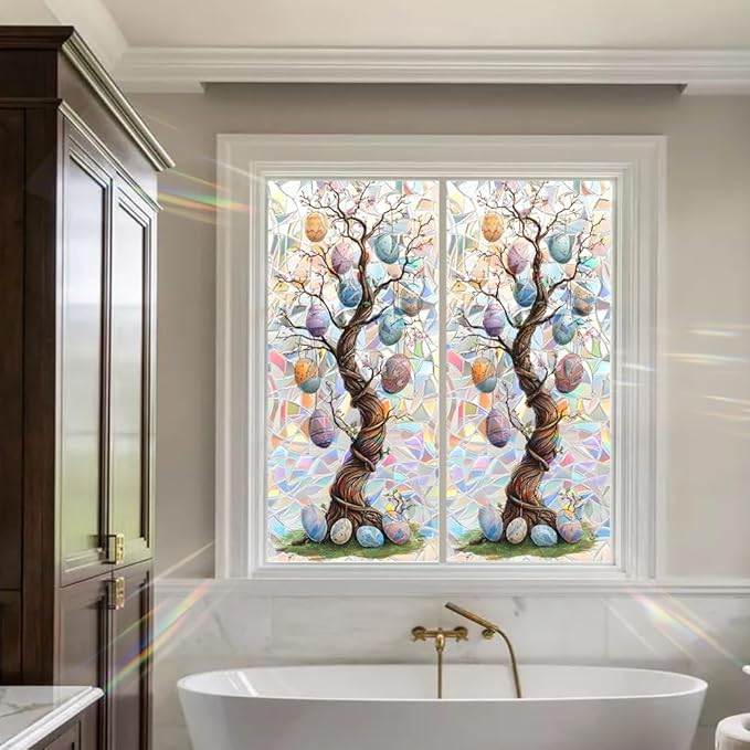 Window Film 17.3 x 39.4 Inch Easter Egg Tree Illustration PVC Decorative Privacy Window Covering for Seasonal Home Styling Spring Glass Surface Decor
