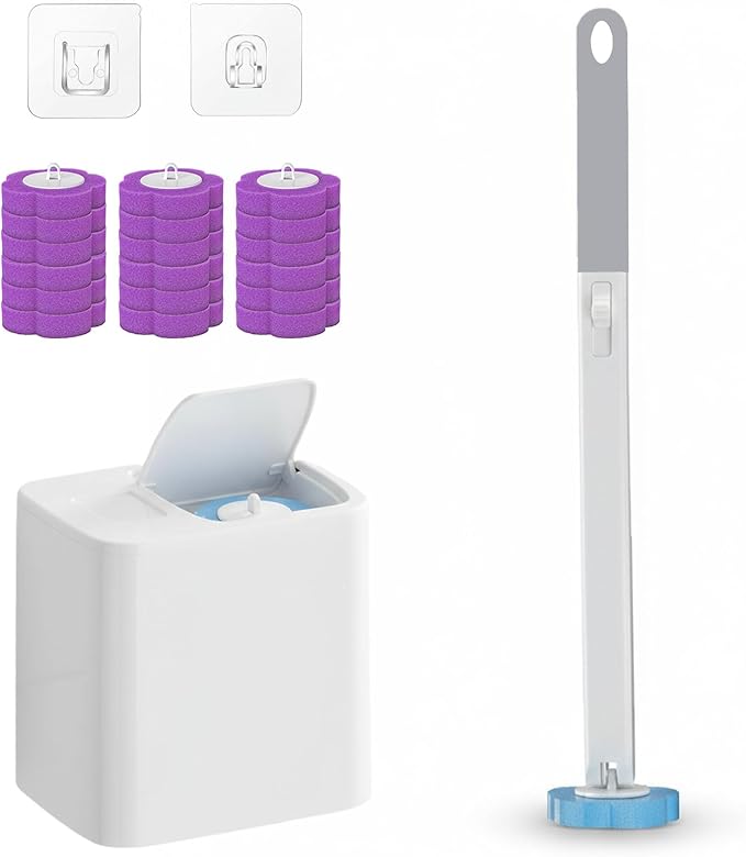 2026 New Disposable Toilet Brush, Disposable Toilet Cleaning System, Ocean/Lemon/Lavender 3 Aromatherapy, Includes Disposable Cleaning Stick, Storage Box and Scented Refill Tabs (Grey-Lavender*18)