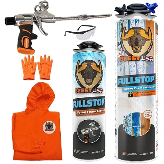 BEEST FullStop Spray Foam Insulation Kit for Walls and Attic - 20 Board ft/sq.ft. Perfect Heat & Acoustic Insulation for Reduced Energy Bills - 1X Spray Foam Can, 1x Cleaner, 1x Pro Gun & Safety Gear