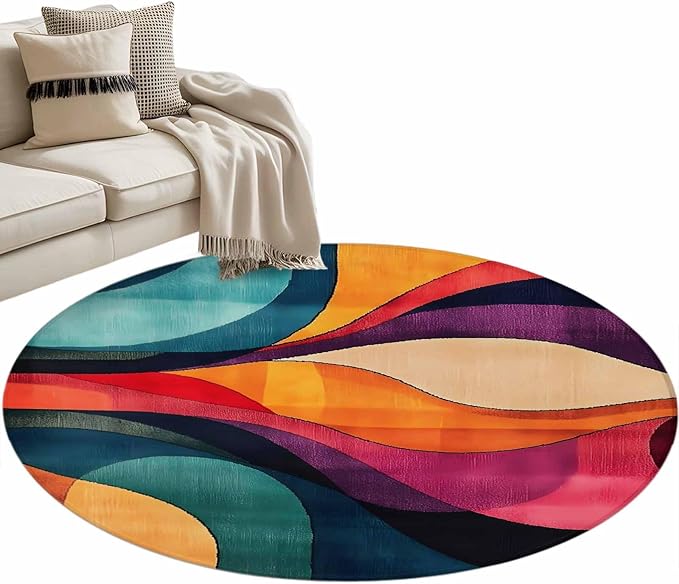 Minimalist Art Round Rug 3.3 Ft, Abstract Yellow Blue Color Block Line Samll Area Rugs Washable Non Slip Indoor Floor Mats Circle Carpet for Living Room Bedroom Dining Room Home