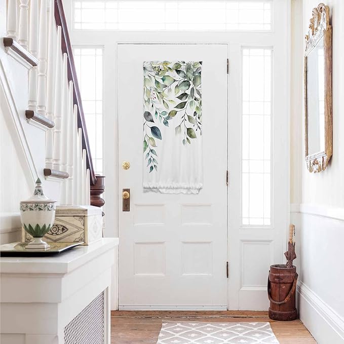 French Door Curtain Panel for Front Door, Botanical Plant Leaves Eucalyptus Leaves Sage Green Slidelight Door Curtains with Tieback Light Filtering Privacy Panels for Doorway Entryway 25"x 40"
