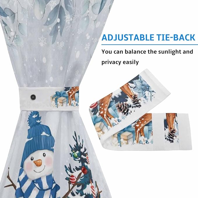 Christmas French Door Curtain for Front Door, Poinsettia Botanical Leaves Xmas Tree Deer Snowman Light Blue Slidelight Door Curtains with Tieback Light Filtering Privacy Panel for Entryway 25"x 40"