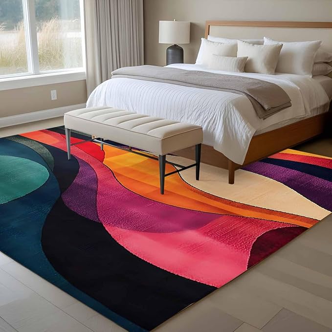 Minimalist Art 5'x7' Area Rugs, Abstract Yellow Blue Color Block Line Washable Area Rugs Non-Slip Indoor Floor Mats Carpet for Living Room Bedroom Dining Room