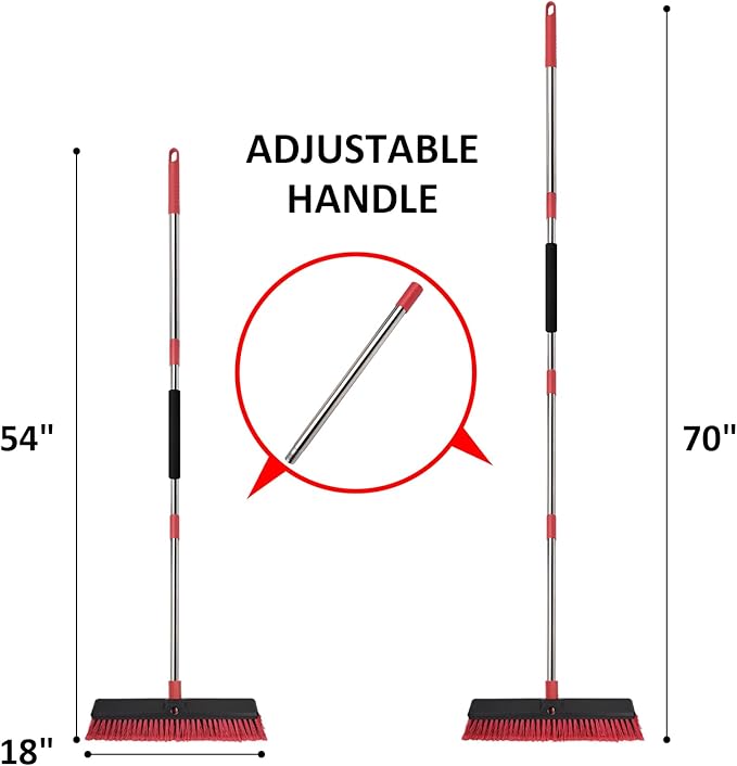 18” Push Broom with 70” Adjustable Handle - Heavy Duty Outdoor Broom for Shop, Garage, Driveway, Patio, Yard & Deck Cleaning
