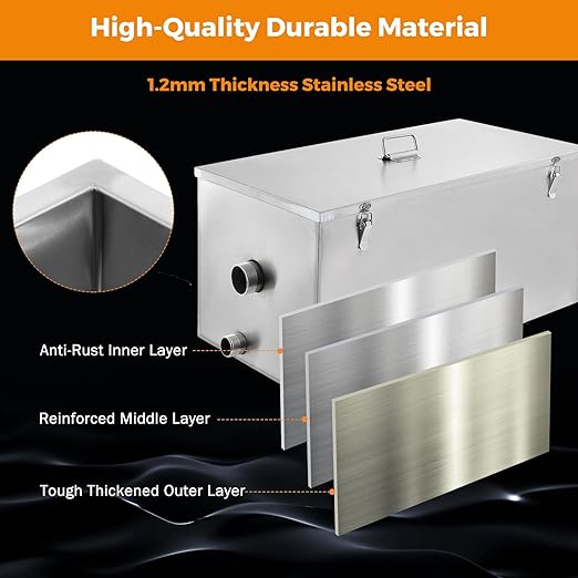 BEAMNOVA Commercial Grease Trap 25lbs Stainless Steel Interceptor, Side Inlet for Restaurant Home Kitchen Tools