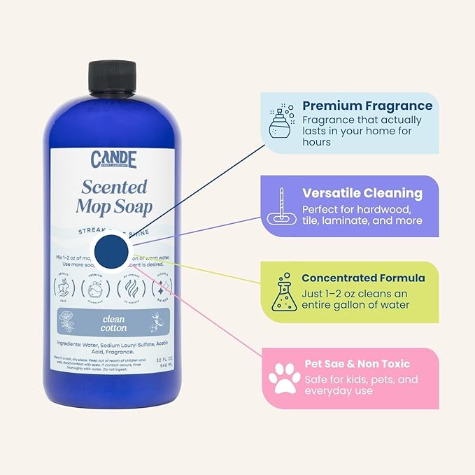 CANDE Mop Soap - Highly Scented Mop Soap, Luxury Floor Cleaner, Premium Fragranced Floor, Streak-Free Shine, 32 oz (Bourbon Vanilla)
