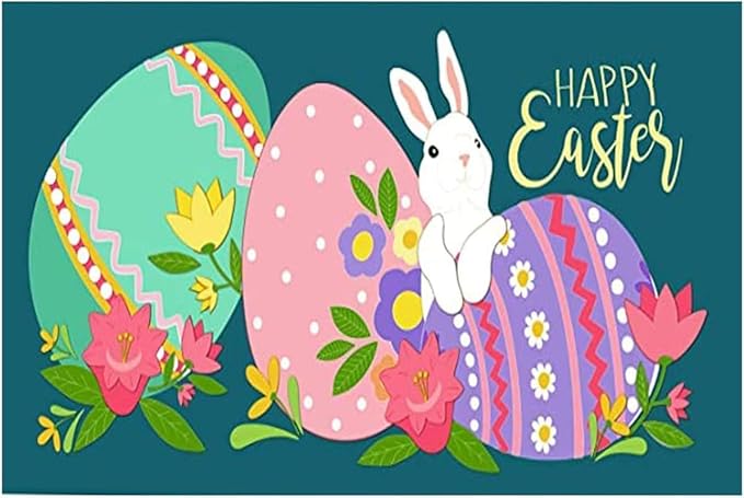 Egg Rabbit Blue Happy Easter for Outdoor & Indoor Entrance Rustic Decor Non-Slip Dust Absorbent Front Doormat Easy to Clean 20x32 Inch