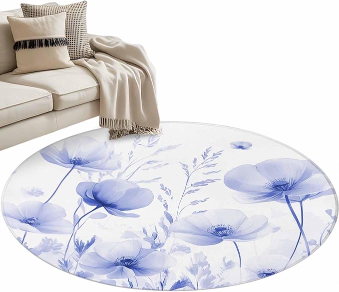 Flower Round Rug 3.3 Ft, Blue Samll Area Rugs Washable Non Slip Indoor Floor Mats Circle Carpet for Living Room Bedroom Dining Room Home