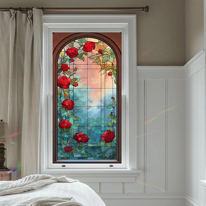 Window Privacy Film 17x39 Inch Stained Glass Rose Design Peel and Stick Static Cling Decorative Window Film for Home Office Living Room Bathroom Door Glass Covering