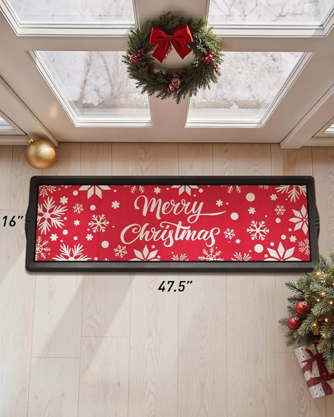 SUPENUIN Christmas Boot Tray Mat - Heavy Duty Snow & Water Catch Tray, Waterproof Rubber Shoe Mat with Lip for Entryway, Indoor & Outdoor Holiday Decor Storage (16"x48")