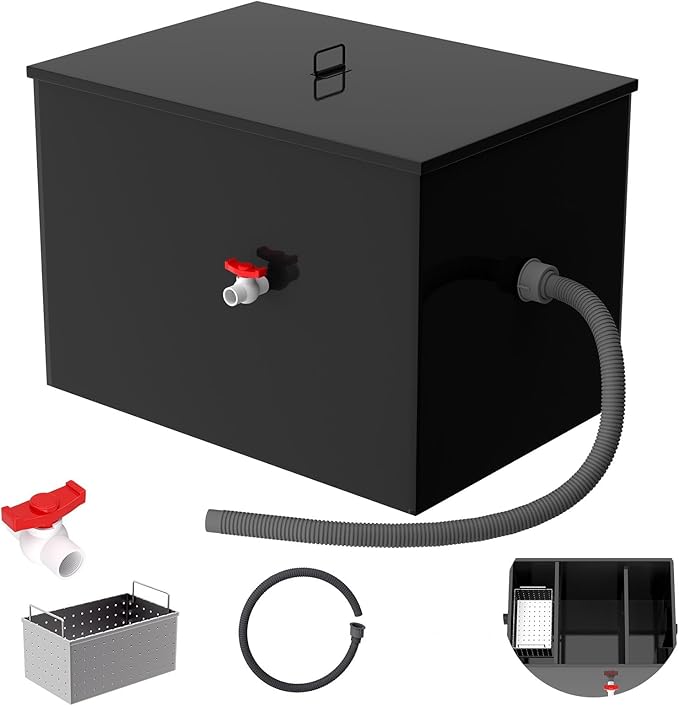 22 GPM Commercial Grease Trap, 60 Lbs Under Sink Grease Trap, Carbon Steel Grease Trap with Side Inlet, Grease Interceptor with Removable Mesh Filter for Oil-Water Separator